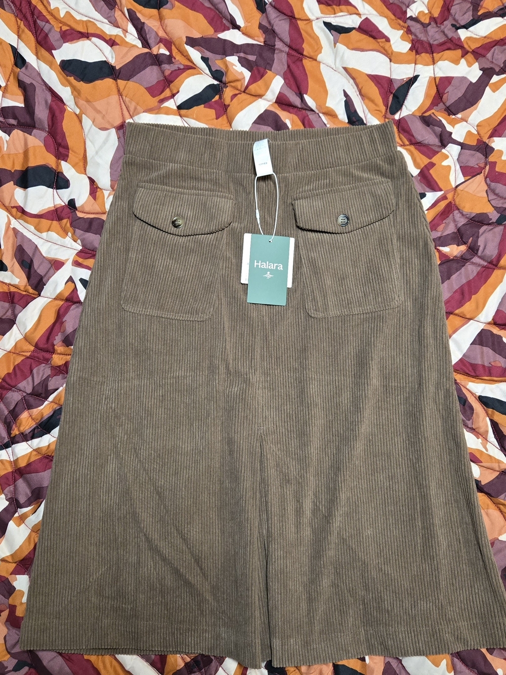 HALARA Brown Corduroy Midi Skirt with Front Patch Pockets